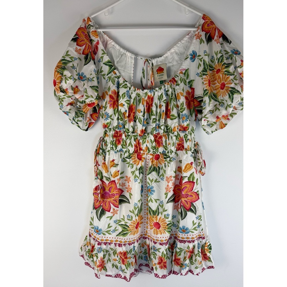 FARM Rio Bloom Garden Mini Dress, Puff Sleeve, Tie Waist Detail, Size S NWT